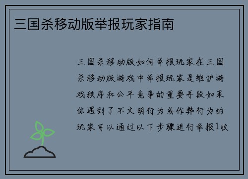 三国杀移动版举报玩家指南